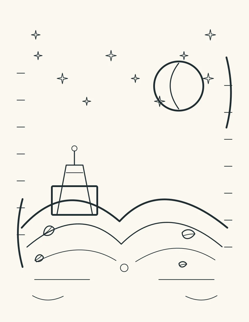 Moon, stars, low hills, and a small telescope above the hills.