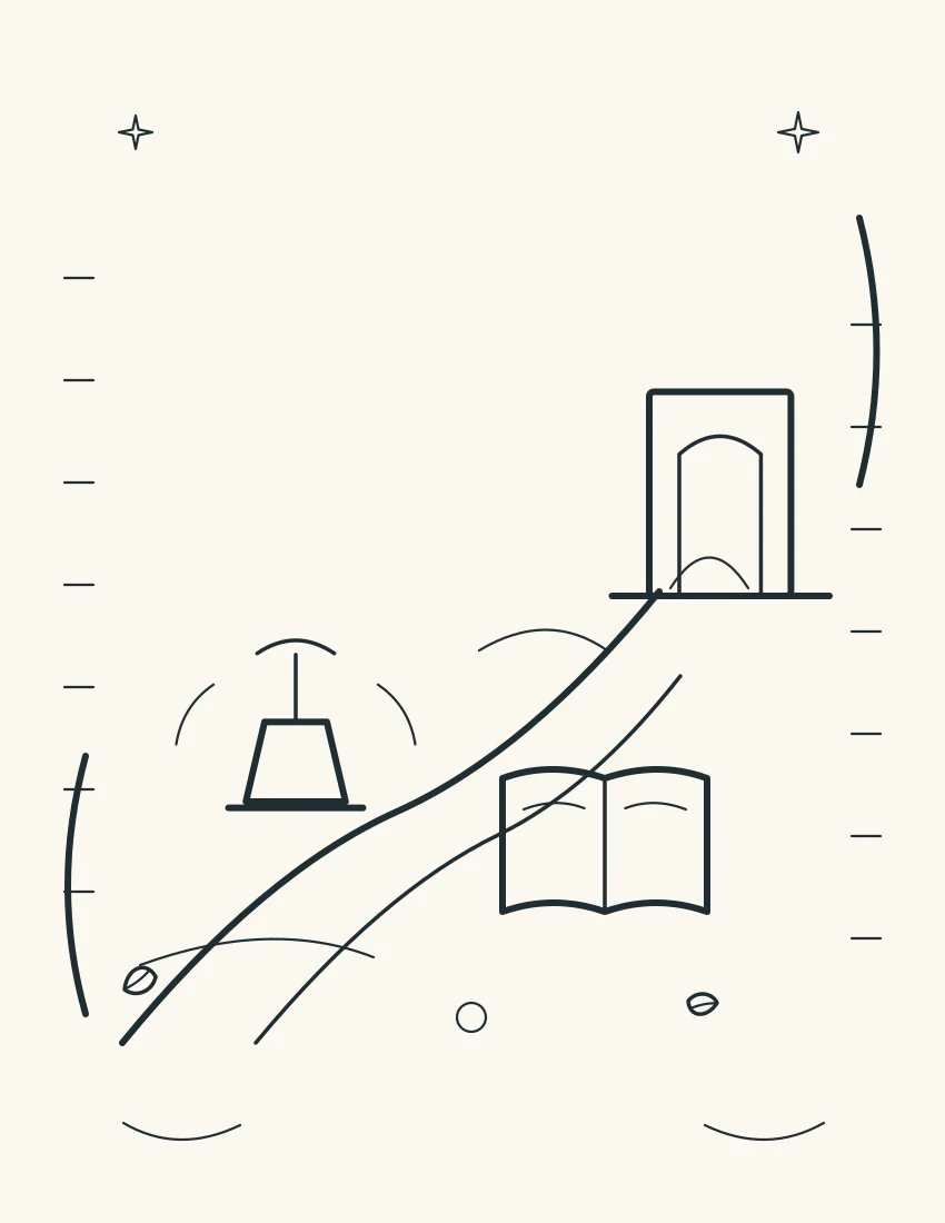 A lamp beside a winding path, a doorway, and an open wordless book.