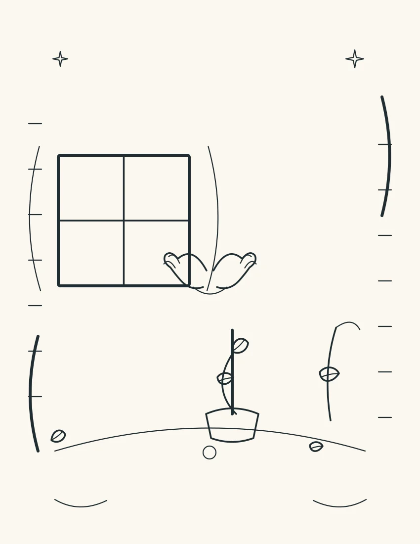 Open window, sturdy plant, walking stick, and two abstract supportive hands with no faces.
