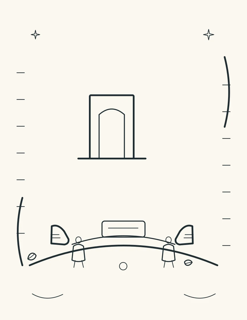Open doorway, varied shoes, geometric welcome mat, and simple adult silhouettes without facial detail.