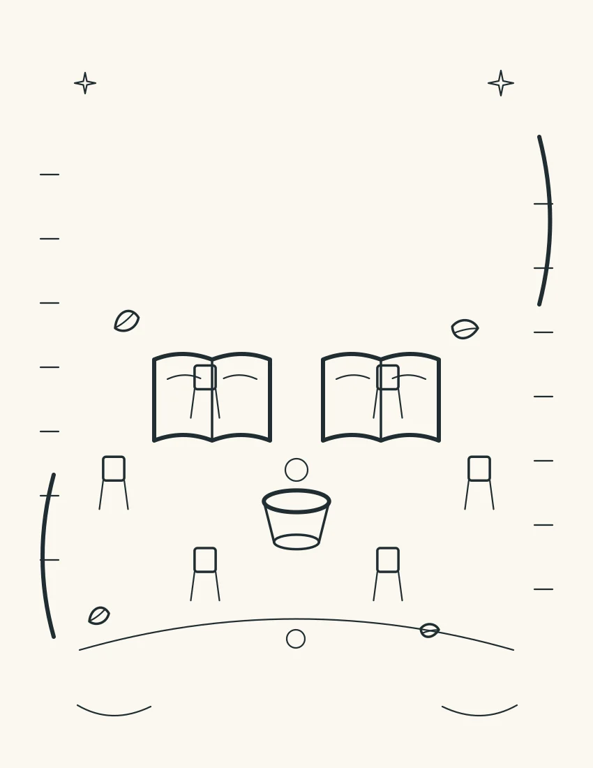 Two wordless songbooks, hand drum, leaves, and a circle of chairs viewed from above.