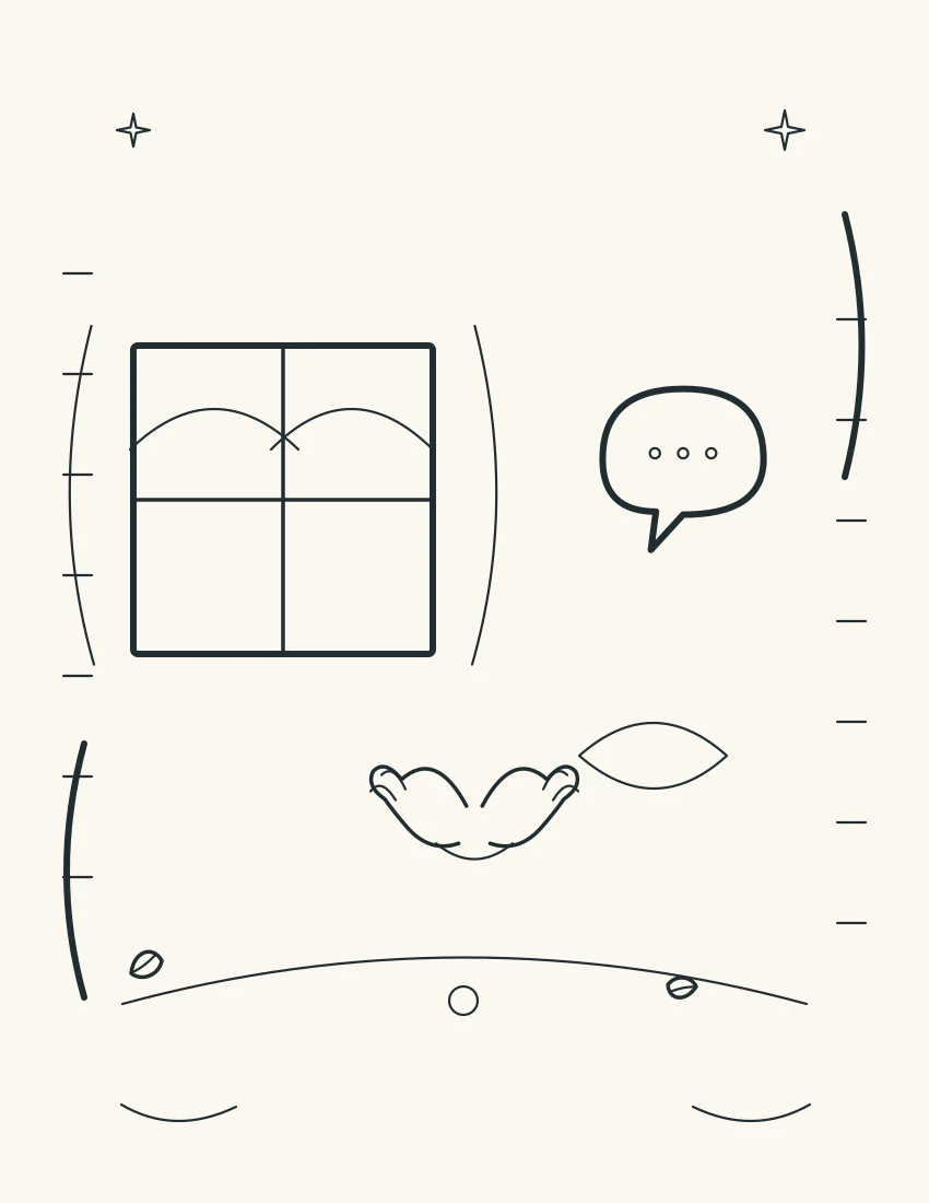 Open window, moving curtains, wordless speech bubble, and abstract open hands in generous white space.
