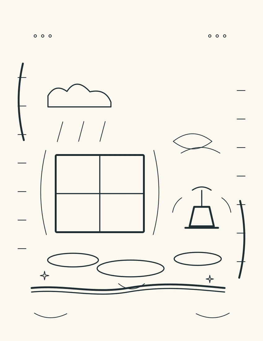 A rain cloud sits above puddles beside a small window and steady lamp.