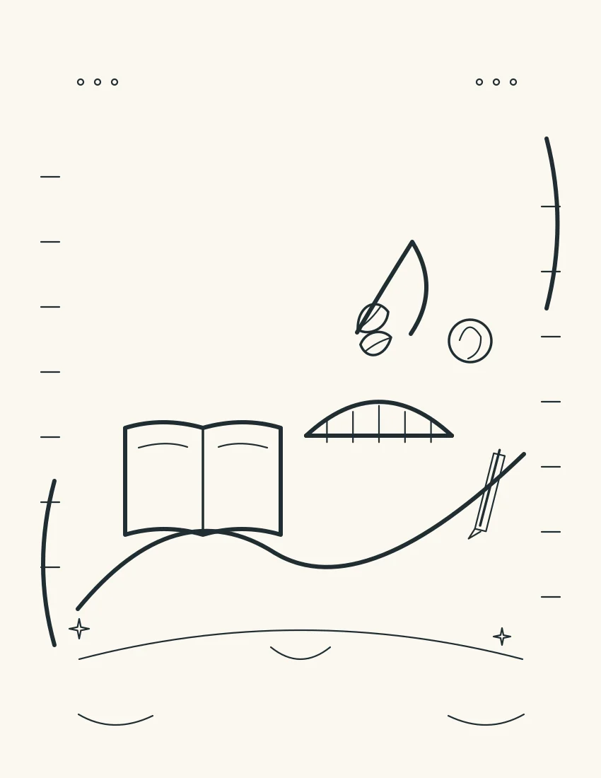 Question mark made from leaves beside an open book, pencil, and bridge toward a simple help symbol.
