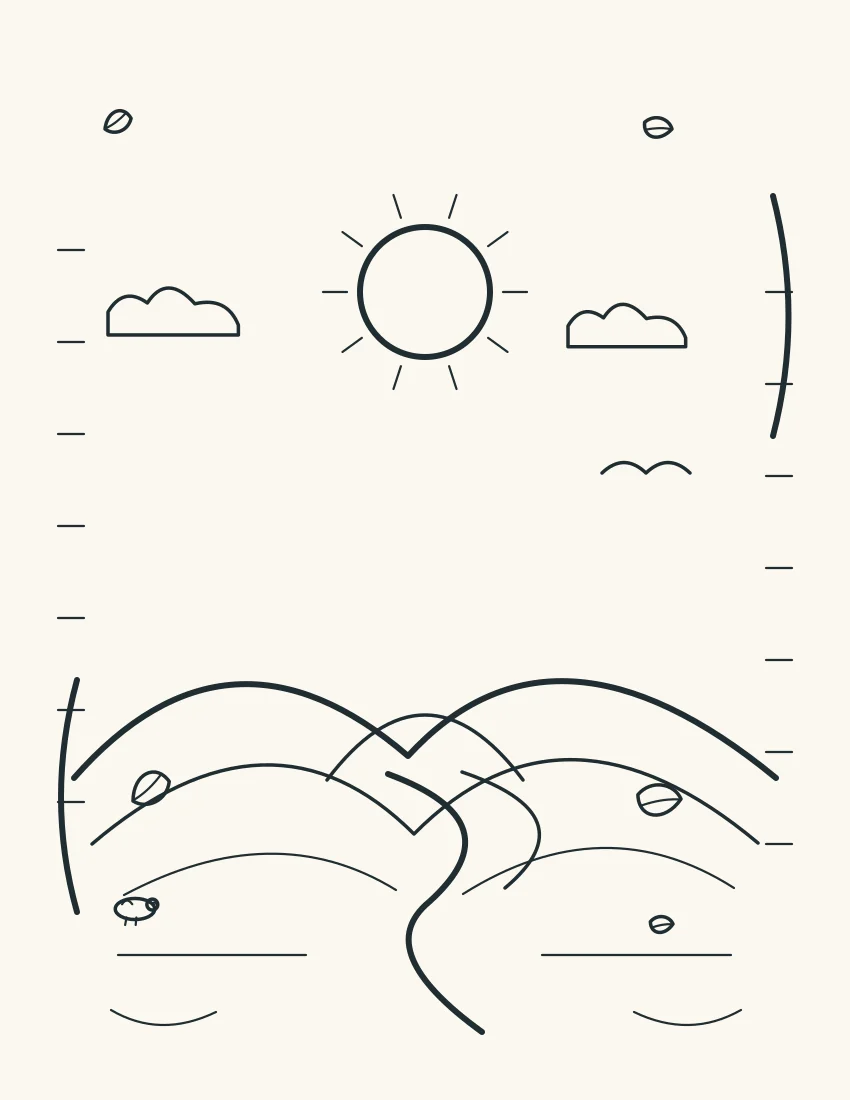 Curving path through low hills toward a sunrise with a bird overhead.