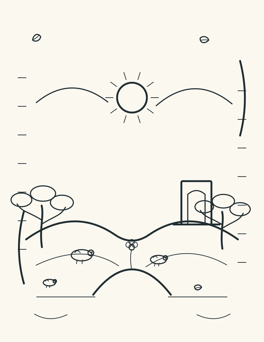 Road with small flowers, two animals, and an open-door home in the distance.