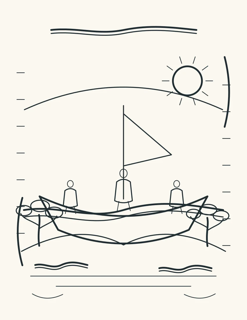 Small boat carrying Jesus and diverse disciples leaving a quiet shore under a wide sky.