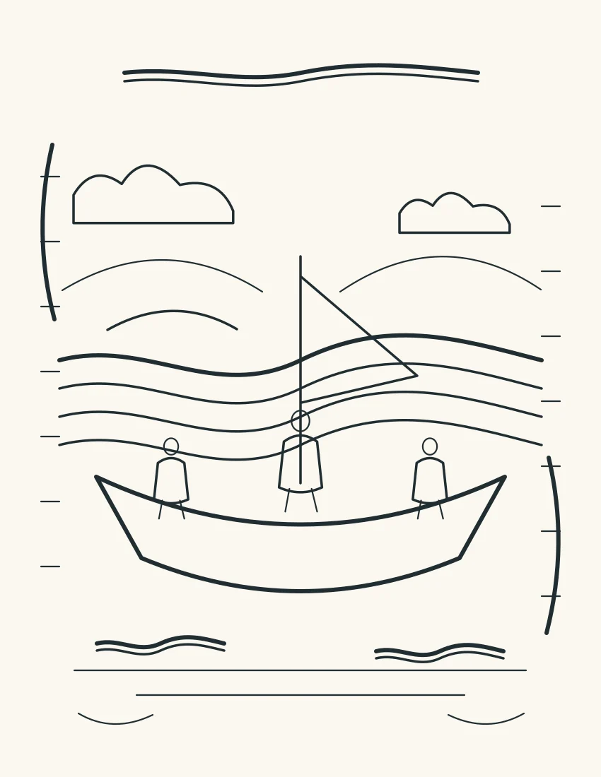 Boat on high curving waves beneath wind lines and angled clouds.