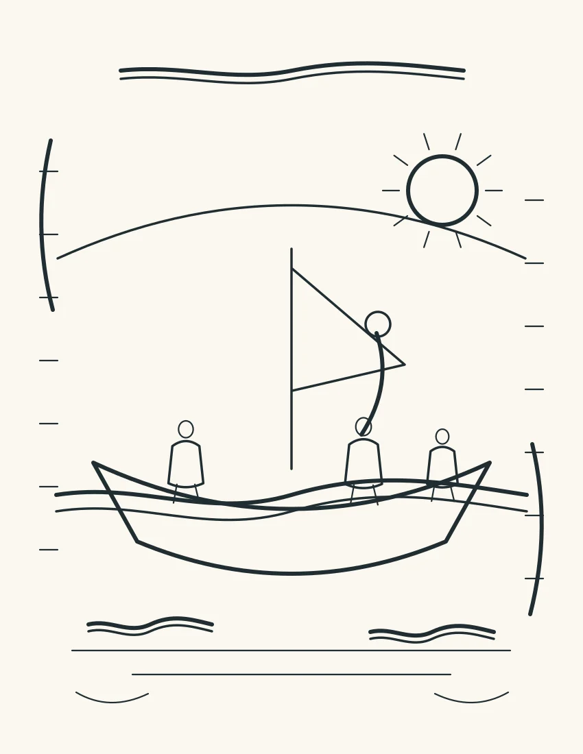 Disciple raises an open hand to wake Jesus while others hold the boat rail.