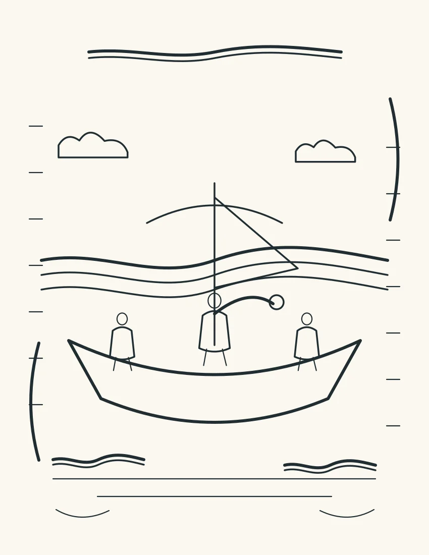 Jesus gestures toward water as broad waves settle beneath an opening sky.