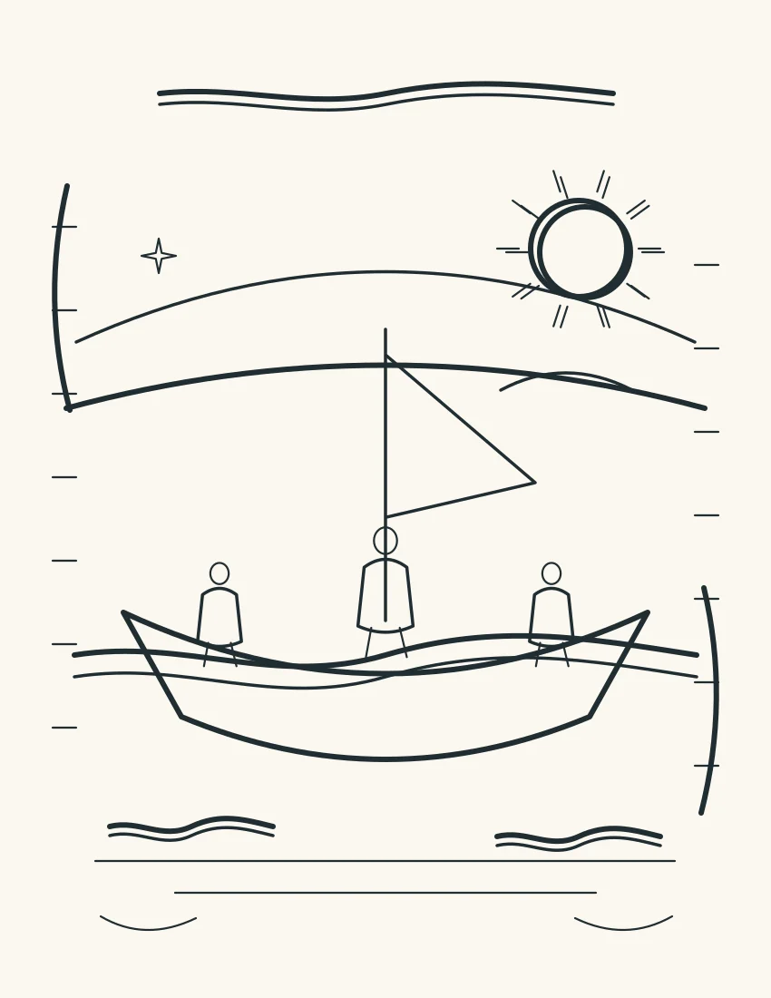 Disciples sit together in a quiet boat and look toward Jesus and an open horizon.