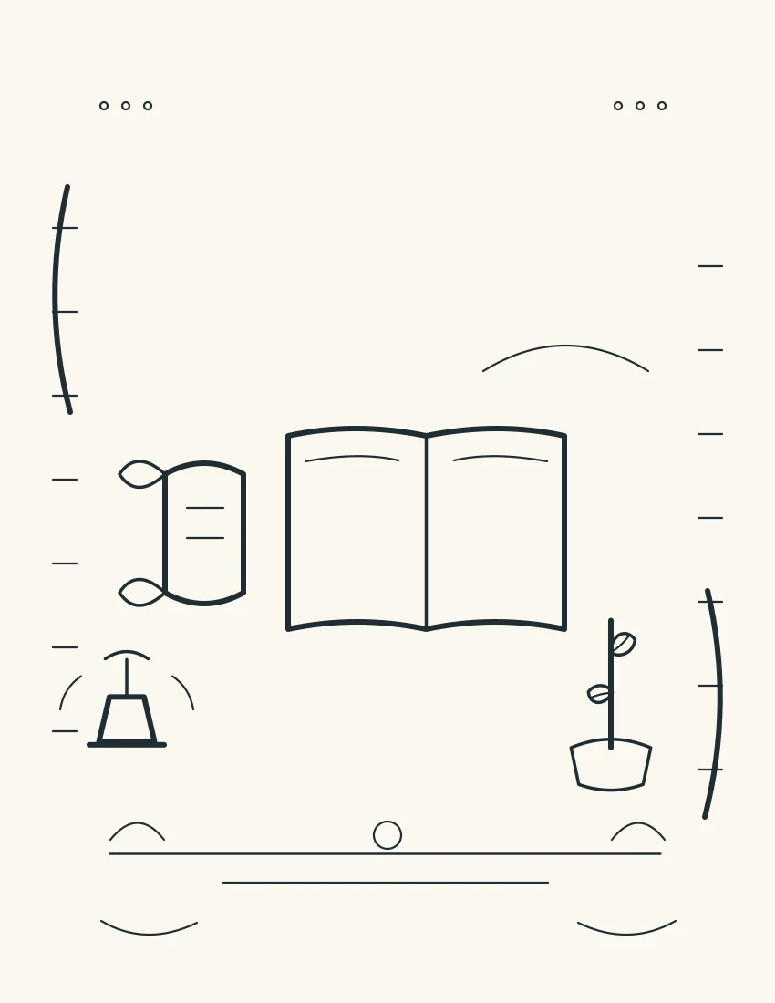Open scroll and child-safe book rest beside a plant and reading lamp.